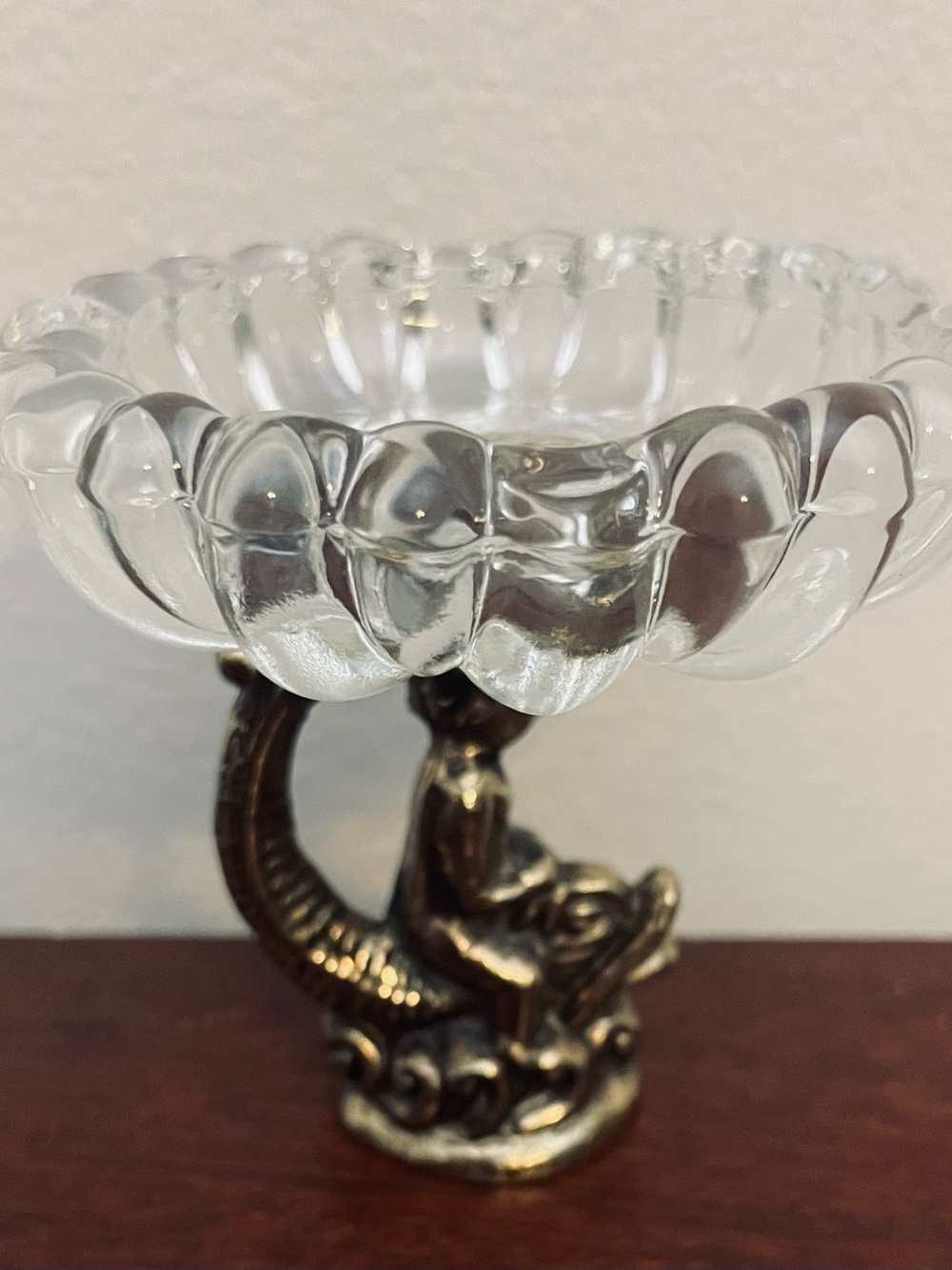 Vintage-Hollywood Regency-crystal+brass pedestal-cherub+ koi fish-candy dish